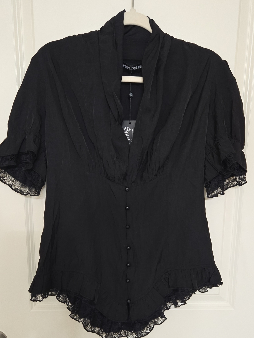 Scarlet Darkness Black Lace-Trim Button Front Blouse